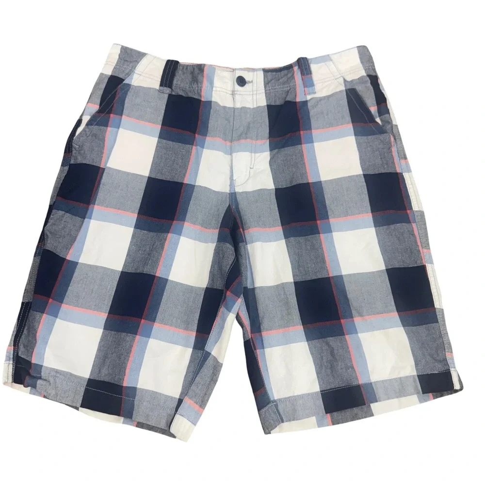 Roebuck & Co‎ Plaid Shorts Blue White Cotton Flat Front Men 38 Summer